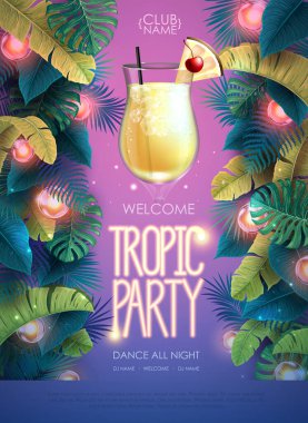 Summer tropic cocktail party poster with tropic leaves and modern electric lamps. Nature concept. Summer background. Vector illustration