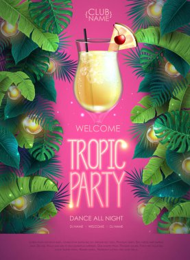 Summer tropic cocktail party poster with tropic leaves and modern electric lamps. Nature concept. Summer background. Vector illustration
