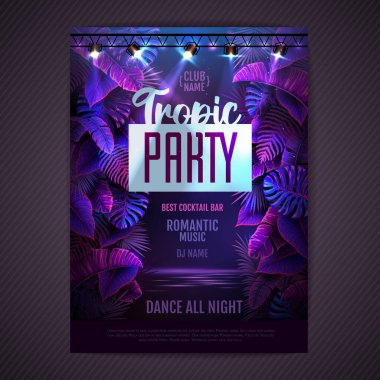 Summer tropic disco party poster with fluorescent tropic leaves and modern electric lamps. Nature concept. Summer background. Vector illustration