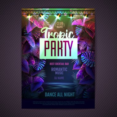Summer tropic disco party poster with fluorescent tropic leaves and modern electric lamps. Nature concept. Summer background. Vector illustration