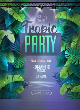 Summer tropic disco party poster with tropic leaves and modern electric lamps. Nature concept. Summer background. Vector illustration