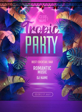 Summer tropic disco party poster with tropic leaves and modern electric lamps. Nature concept. Summer background. Vector illustration