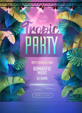 Summer tropic disco party poster with tropic leaves and modern electric lamps. Nature concept. Summer background. Vector illustration