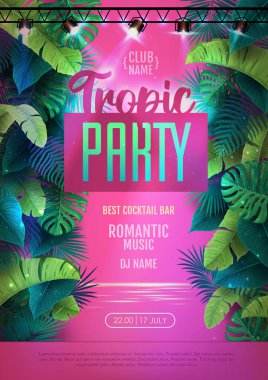 Summer tropic disco party poster with tropic leaves and modern electric lamps. Nature concept. Summer background. Vector illustration