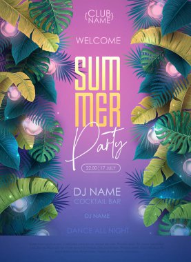 Summer tropic disco party poster with tropic leaves and modern electric lamps. Nature concept. Summer background. Vector illustration