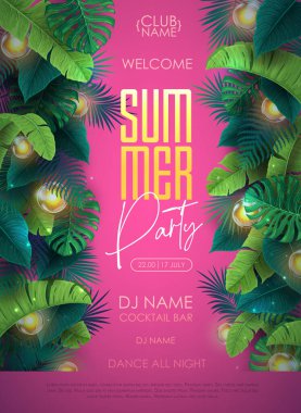 Summer tropic disco party poster with tropic leaves and modern electric lamps. Nature concept. Summer background. Vector illustration
