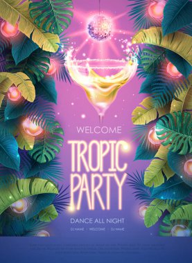 Tropik yapraklı ve disko toplu bir tropik kokteyl partisi posteri. Doğa konsepti. Yaz dönemi. Vektör illüstrasyonu