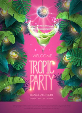 Tropik yapraklı ve disko toplu bir tropik kokteyl partisi posteri. Doğa konsepti. Yaz dönemi. Vektör illüstrasyonu