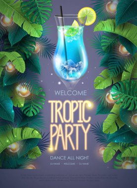 Summer tropic cocktail party poster with tropic leaves and modern electric lamps. Nature concept. Summer background. Vector illustration