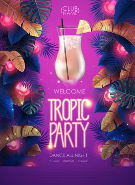 Summer tropic cocktail party poster with tropic leaves and modern electric lamps. Nature concept. Summer background. Vector illustration