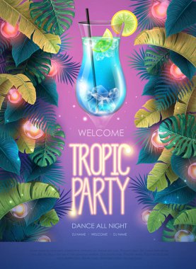 Summer tropic cocktail party poster with tropic leaves and modern electric lamps. Nature concept. Summer background. Vector illustration
