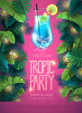 Summer tropic cocktail party poster with tropic leaves and modern electric lamps. Nature concept. Summer background. Vector illustration