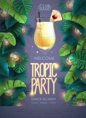 Summer tropic cocktail party poster with tropic leaves and modern electric lamps. Nature concept. Summer background. Vector illustration