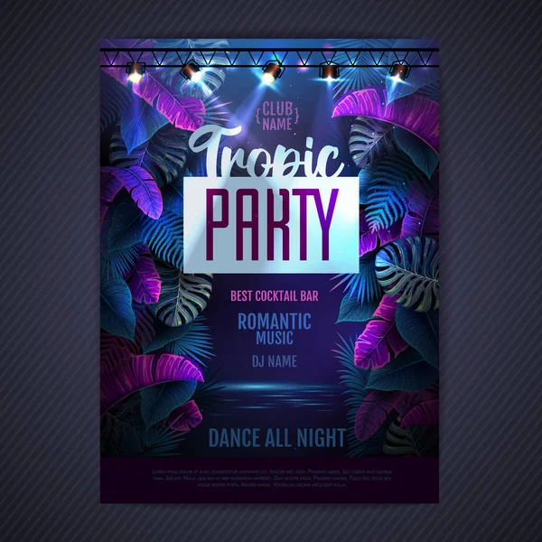 Summer tropic disco party poster with fluorescent tropic leaves and modern electric lamps. Nature concept. Summer background. Vector illustration