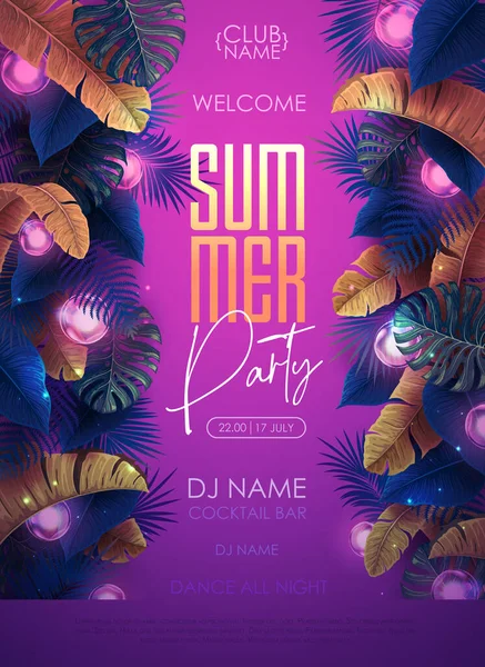 Summer Tropic Disco Party Poster Tropic Leaves Modern Electric Lamps — Stock vektor