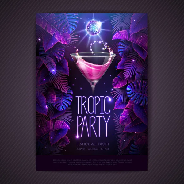 Summer Tropic Cocktail Party Poster Fluorescent Tropic Leaves Disco Ball — Vetor de Stock