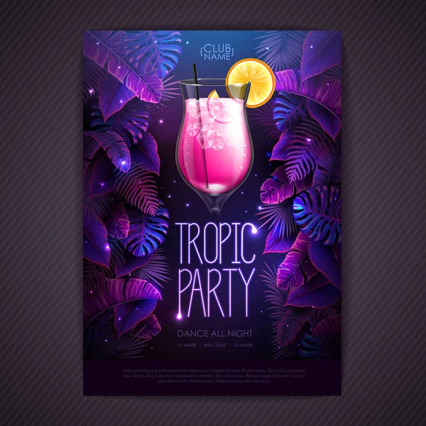Summer Tropic Cocktail Party Poster Fluorescent Tropic Leaves Nature Concept — Vetor de Stock