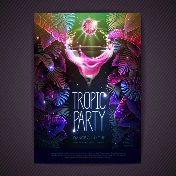 Summer Tropic Cocktail Party Poster Fluorescent Tropic Leaves Disco Ball — Vetor de Stock