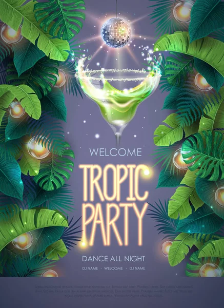 Summer Tropic Cocktail Party Poster Tropic Leaves Disco Ball Nature — Vetor de Stock