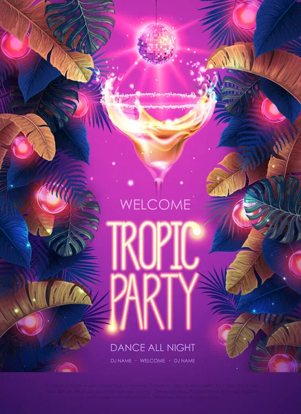 Summer Tropic Cocktail Party Poster Tropic Leaves Disco Ball Nature — Vector de stock