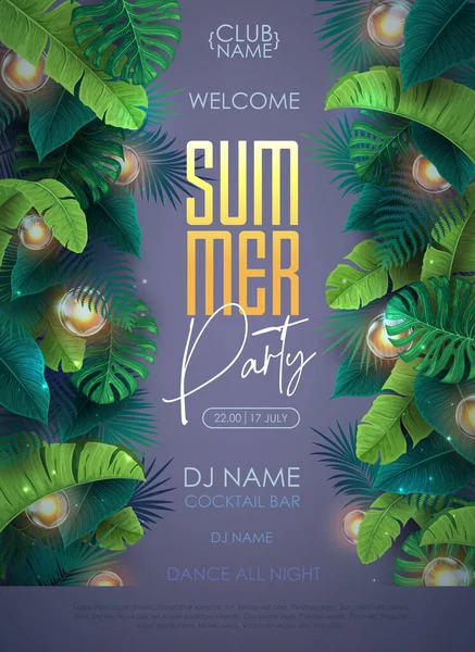 Summer Tropic Disco Party Poster Tropic Leaves Modern Electric Lamps — Vettoriale Stock