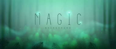 Forest in the fog magic background with fern and smoke. Vector illustration