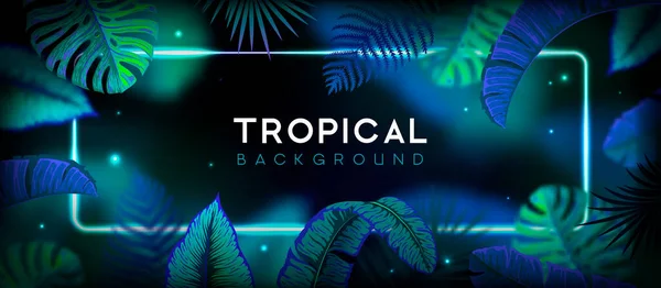 Neon Çerçeveli Floresan Tropik Yapraklı Yaz Arkaplanı Doğa Konsepti Vektör — Stok Vektör