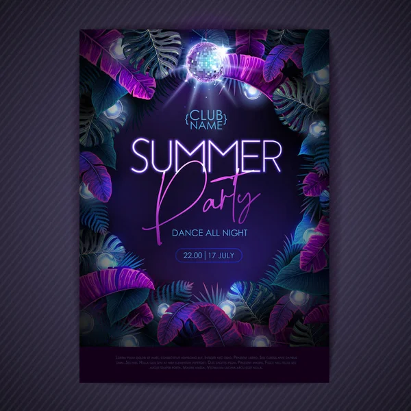 Summer Tropic Disco Party Poster Fluorescent Tropic Leaves Modern Electric — 스톡 벡터