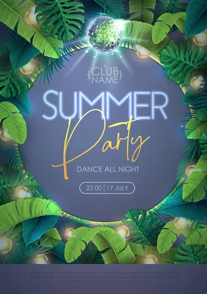 Summer Tropic Disco Party Poster Tropic Leaves Modern Electric Lamps — Vetor de Stock