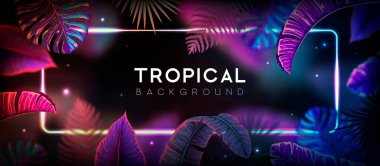 Neon çerçeveli ve floresan tropik yapraklı yaz arkaplanı. Doğa konsepti. Vektör illüstrasyonu
