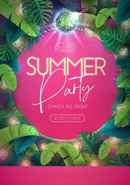 Summer Tropic Disco Party Poster Tropic Leaves Modern Electric Lamps — 스톡 벡터