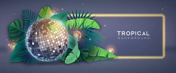 Disco Ball Illustration Tropic Leaves Nature Concept Summer Party Poster — Stok Vektör