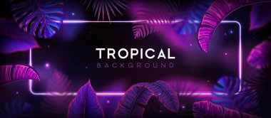 Neon çerçeveli ve floresan tropik yapraklı yaz arkaplanı. Doğa konsepti. Vektör illüstrasyonu
