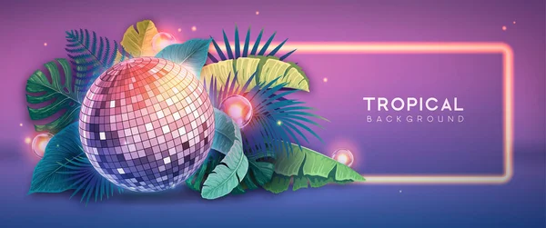 Disco Ball Illustration Tropic Leaves Nature Concept Summer Party Poster — Stok Vektör