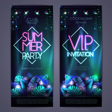 Summer tropic disco party poster with fluorescent tropic leaves. Invitation design. Summer background. Vector illustration