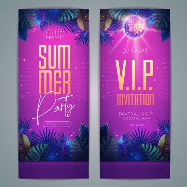 Summer tropic disco party poster with fluorescent tropic leaves and disco ball. Invitation design. Summer background. Vector illustration