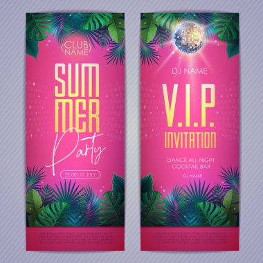 Summer tropic disco party poster with tropic leaves and disco ball. Invitation design. Summer background. Vector illustration