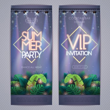 Summer tropic disco party poster with tropic leaves and spot light. Invitation design. Summer background. Vector illustration