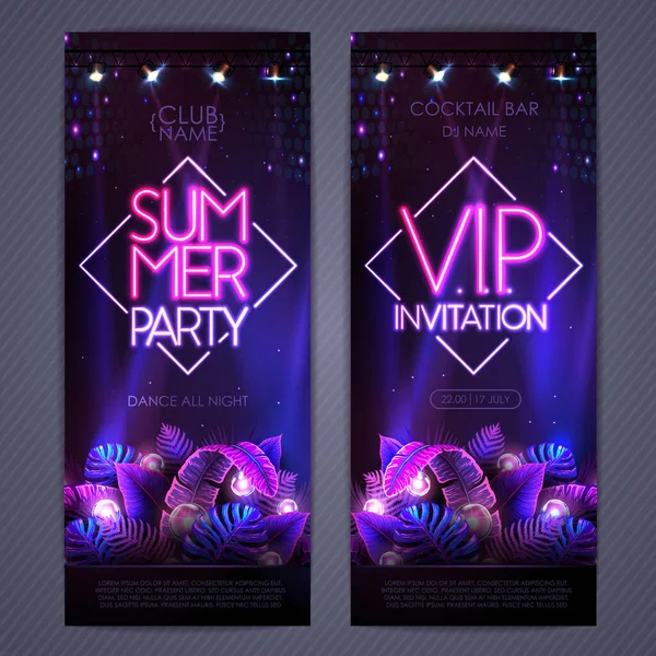 Summer Tropic Disco Party Poster Fluorescent Tropic Leaves Invitation Design — ストックベクタ