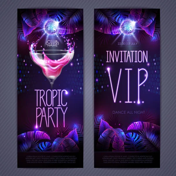 Summer Tropic Disco Party Poster Fluorescent Tropic Leaves Cocktail Invitation — Stock vektor