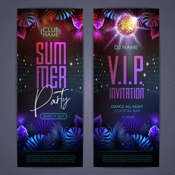 Summer Tropic Disco Party Poster Fluorescent Tropic Leaves Disco Ball — Vetor de Stock