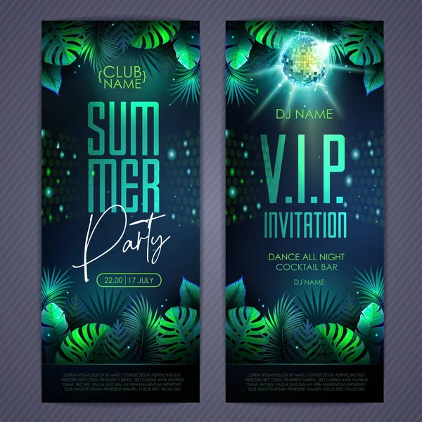 Summer Tropic Disco Party Poster Fluorescent Tropic Leaves Disco Ball - Stok Vektor