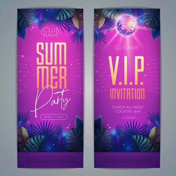 Summer Tropic Disco Party Poster Fluorescent Tropic Leaves Disco Ball — Stock vektor