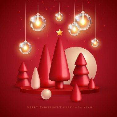Christmas holiday background with realistic 3D plastic Christmas trees. Merry Christmas and Happy new Year greeting card. Vector illustration