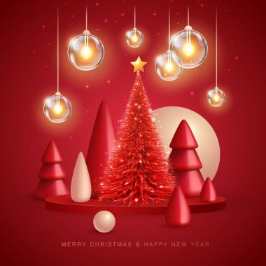 Christmas holiday background with realistic 3D plastic Christmas trees. Merry Christmas and Happy new Year greeting card. Vector illustration