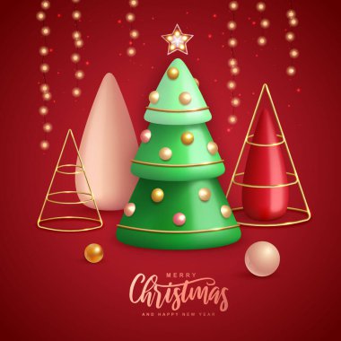 Christmas holiday background with realistic 3D plastic Christmas trees. Merry Christmas and Happy new Year greeting card. Vector illustration