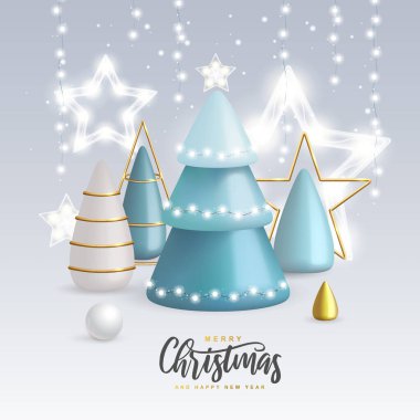 Christmas holiday background with realistic 3D plastic Christmas trees. Merry Christmas and Happy new Year greeting card. Vector illustration