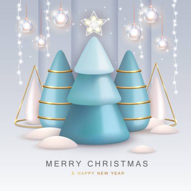 Christmas holiday background with realistic 3D plastic Christmas trees. Merry Christmas and Happy new Year greeting card. Vector illustration