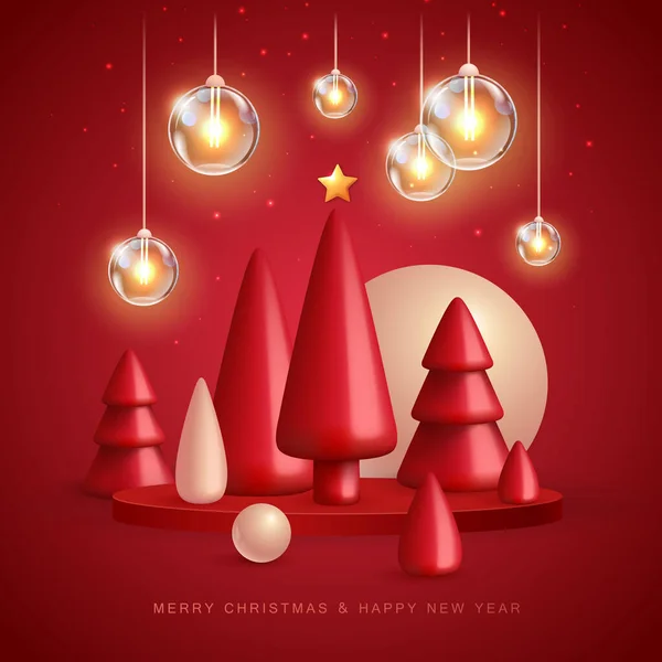 Christmas Holiday Background Realistic Plastic Christmas Trees Merry Christmas Happy — Stockvector