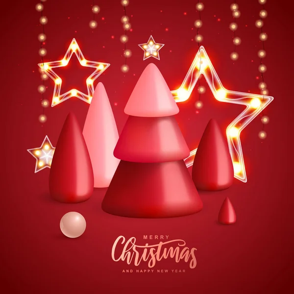 Christmas Holiday Background Realistic Plastic Christmas Trees Merry Christmas Happy — ストックベクタ